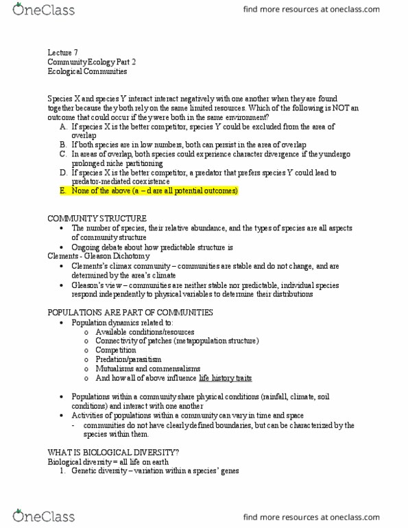 BIOA02H3 Lecture Notes - Lecture 7: Climax Community, Ecosystem Diversity, Niche Differentiation thumbnail
