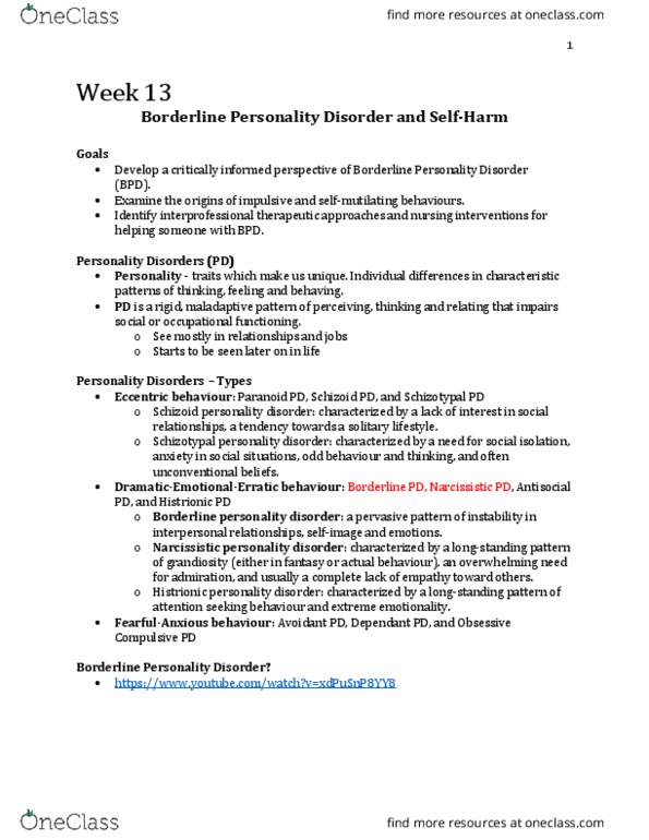 Nursing 3920A/B Chapter Notes - Chapter 13: Borderline Personality Disorder, Narcissistic Personality Disorder, Histrionic Personality Disorder thumbnail