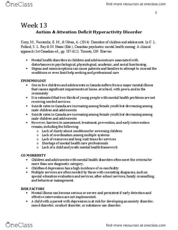 Nursing 3920A/B Lecture Notes - Lecture 13: Attention Deficit Hyperactivity Disorder, Dsm-5, Social Anxiety Disorder thumbnail