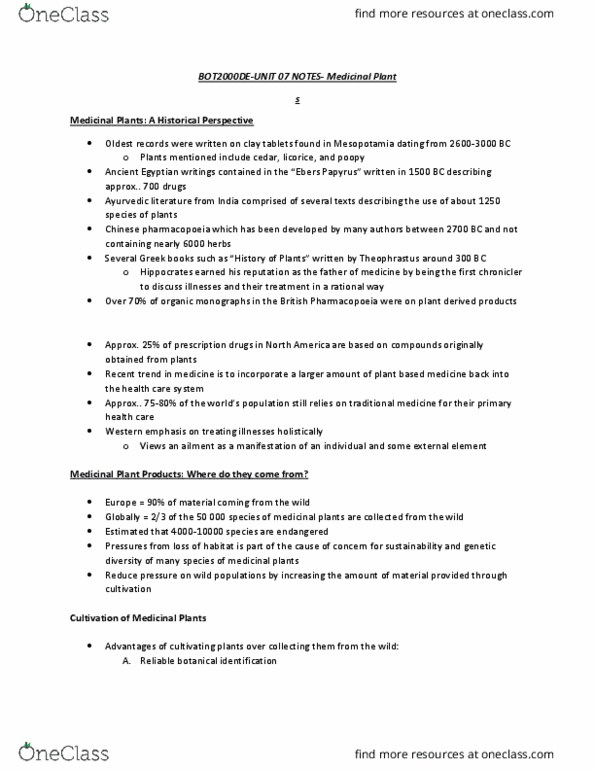 BOT 2000 Chapter Notes - Chapter 14: British Pharmacopoeia, Ebers Papyrus, Medicinal Plants thumbnail