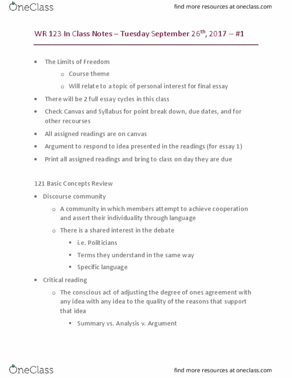 WR 123 Lecture Notes - Lecture 1: Discourse Community, Critical Reading thumbnail