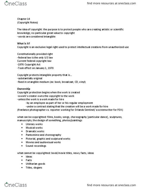MMC 3200 Lecture Notes - Lecture 15: Copyright Act Of 1976, Orlando Sentinel, Intangible Property thumbnail