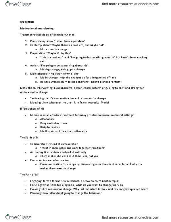 PSY 446 Lecture Notes - Lecture 13: Transtheoretical Model, Therapeutic Relationship thumbnail