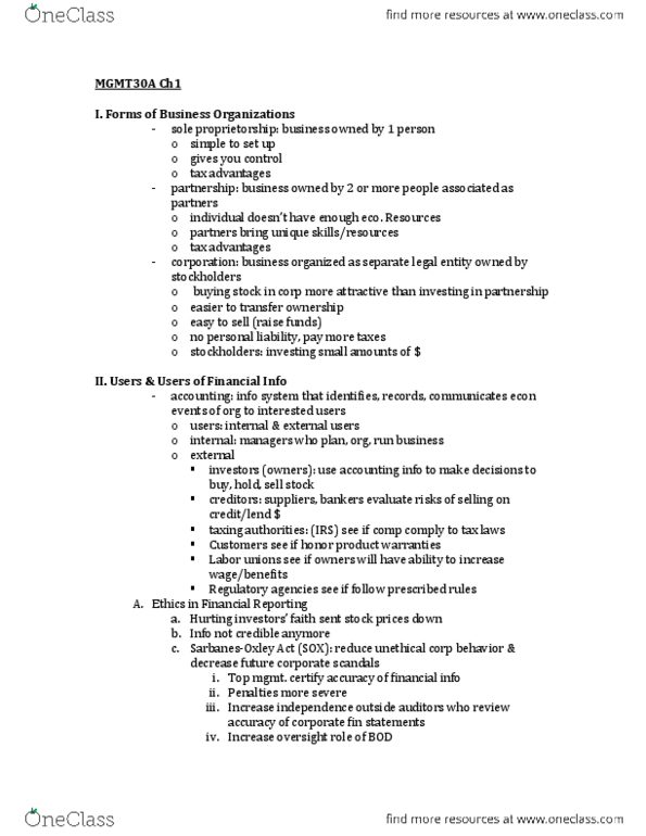 MGMT 30A Chapter Notes -Legal Personality, Accounts Payable, Sole Proprietorship thumbnail