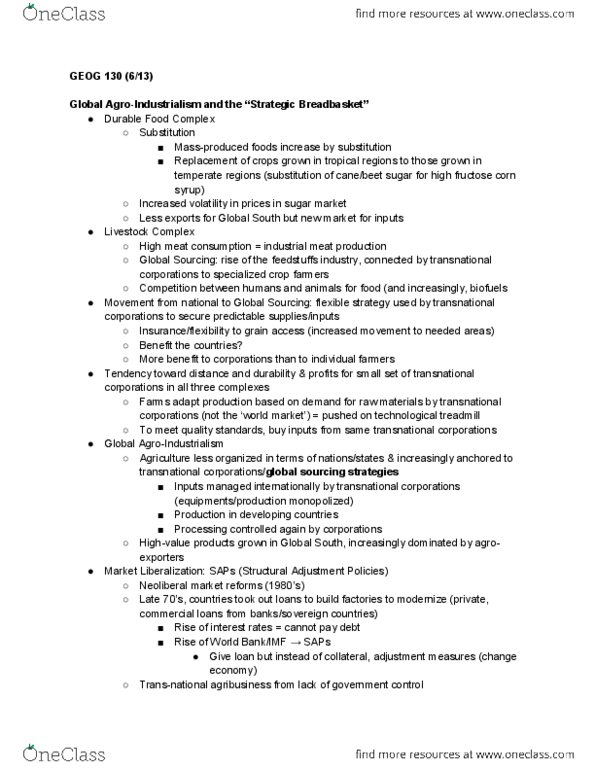 GEOG 130 Lecture Notes - High Fructose Corn Syrup, Uruguay Round, Rockefeller Foundation thumbnail