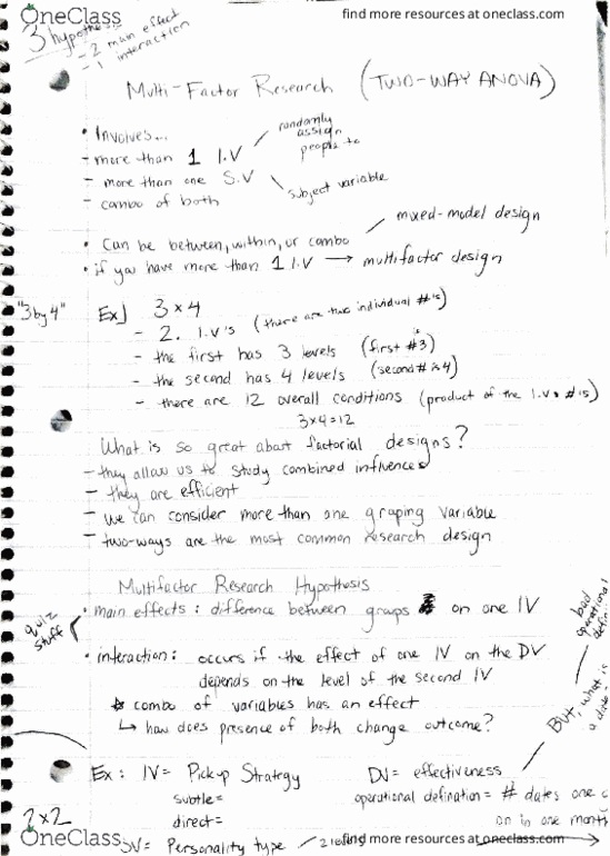 PSY 3204C Lecture 22: TWO WAY ANOVA notes thumbnail
