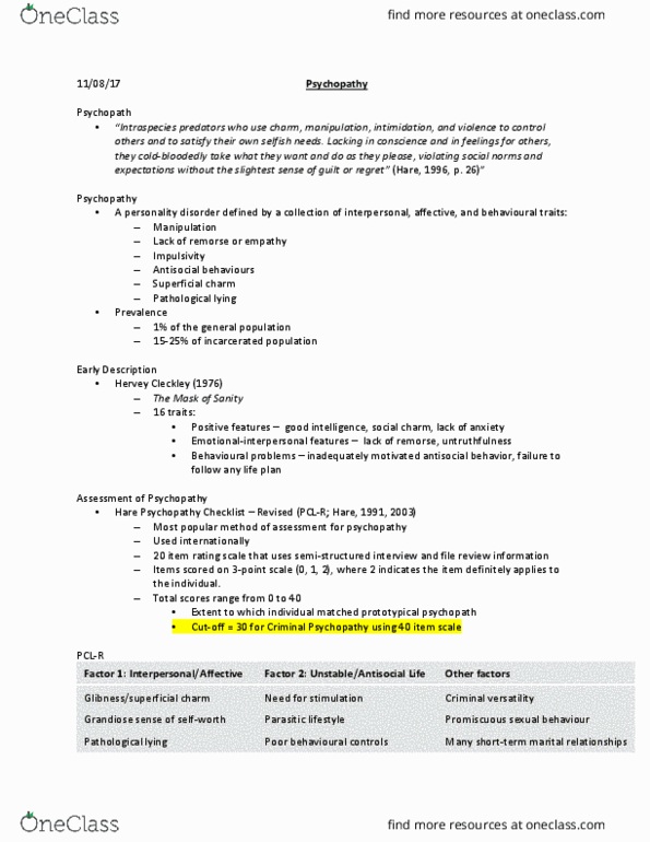 PS270 Lecture Notes - Lecture 5: Psychopathy Checklist, Hervey M. Cleckley, Superficial Charm thumbnail