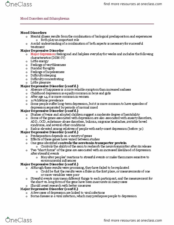 PSY-220 Lecture Notes - Lecture 10: Monoamine Oxidase, Irritable Bowel Syndrome, Serotonin Transporter thumbnail