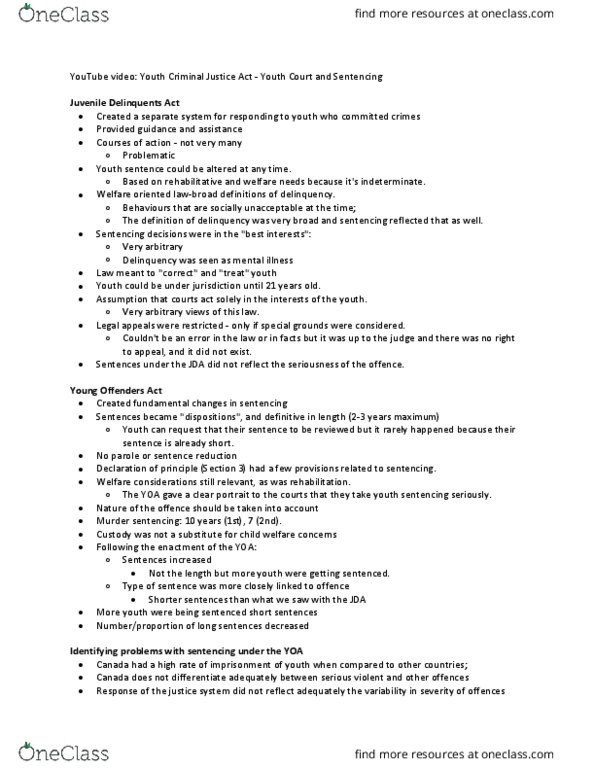 CRM 3312 Lecture Notes - Lecture 11: Youth Criminal Justice Act, Young Offenders Act thumbnail