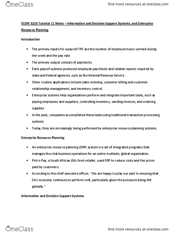 ECON 1530 Chapter Notes - Chapter 11: Enterprise Resource Planning, Internal Revenue Service, Customer Relationship Management thumbnail
