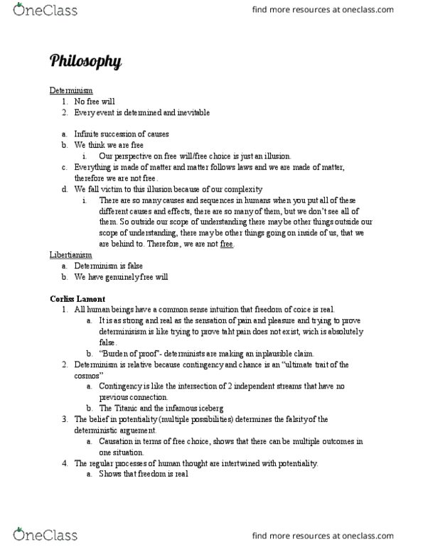 PHI 014S Lecture Notes - Lecture 11: Corliss Lamont, Determinism, Iceberg thumbnail