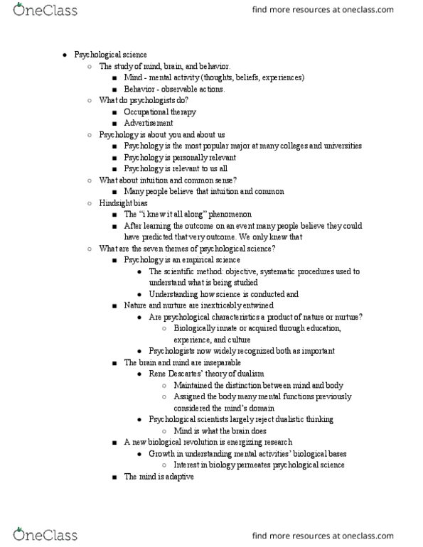 PSY 202 Lecture Notes - Lecture 1: Hindsight Bias, Occupational Therapy, Cultural Evolution thumbnail