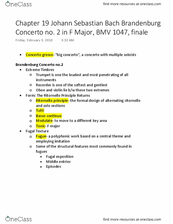 MUL 2010 Lecture Notes - Lecture 19: Brandenburg Concertos, Concerto Grosso, Figured Bass thumbnail