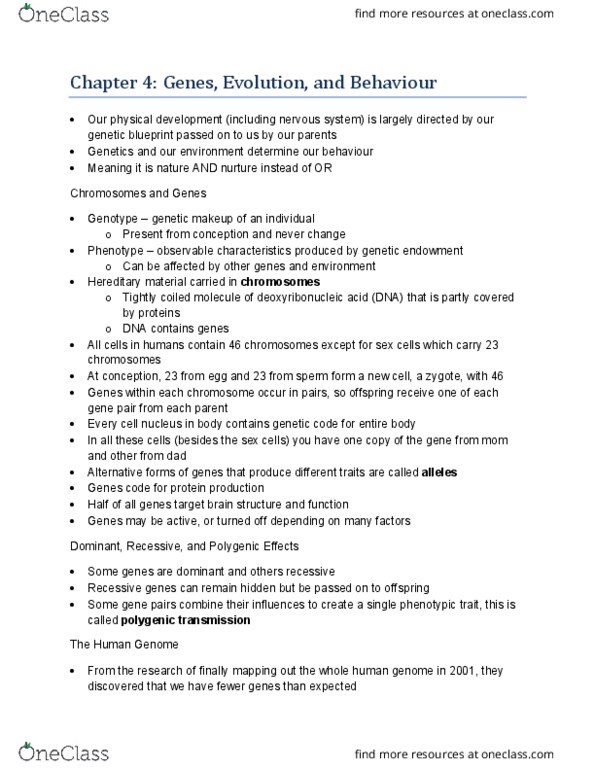 Psychology 1000 Chapter Notes - Chapter 4: Phenotypic Trait, Cell Nucleus, Biological Determinism thumbnail
