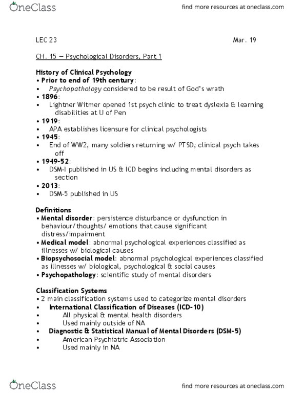PSYA02H3 Lecture Notes - Lecture 23: Lightner Witmer, American Psychiatric Association, Biopsychosocial Model thumbnail
