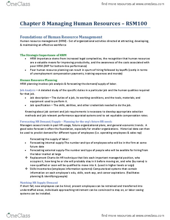 RSM100Y1 Chapter Notes - Chapter 8: Human Resource Management, Performance Appraisal, Job Performance thumbnail