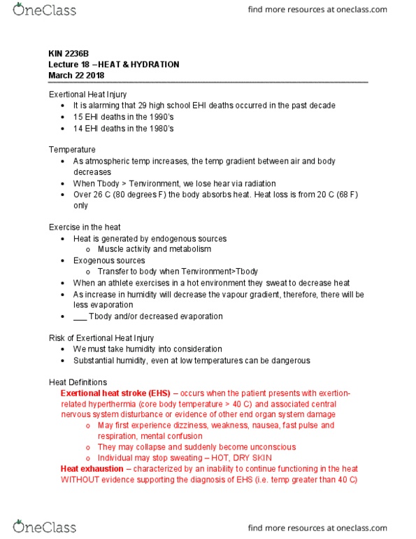 Kinesiology 2236A/B Lecture Notes - Lecture 18: Heat Exhaustion, Heat Stroke, Mental Status Examination thumbnail