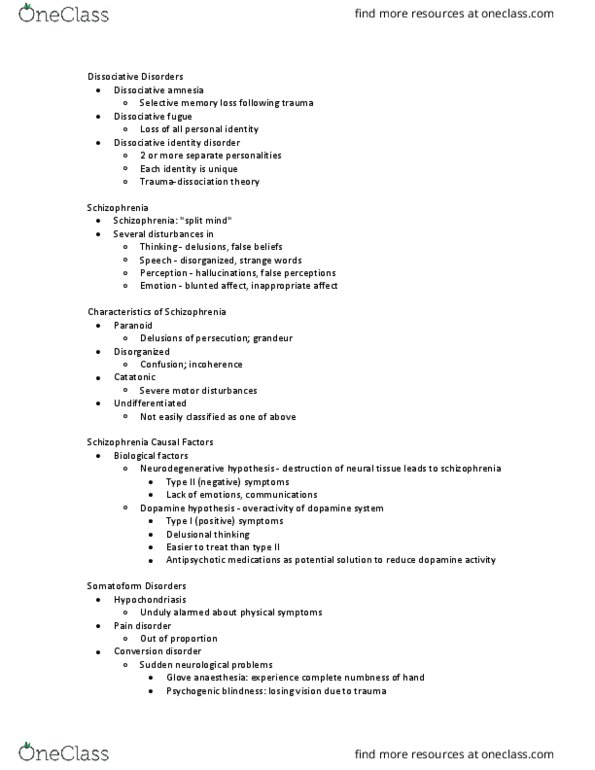 Psychology 1000 Lecture Notes - Lecture 48: Dissociative Identity Disorder, Fugue State, Psychogenic Amnesia thumbnail