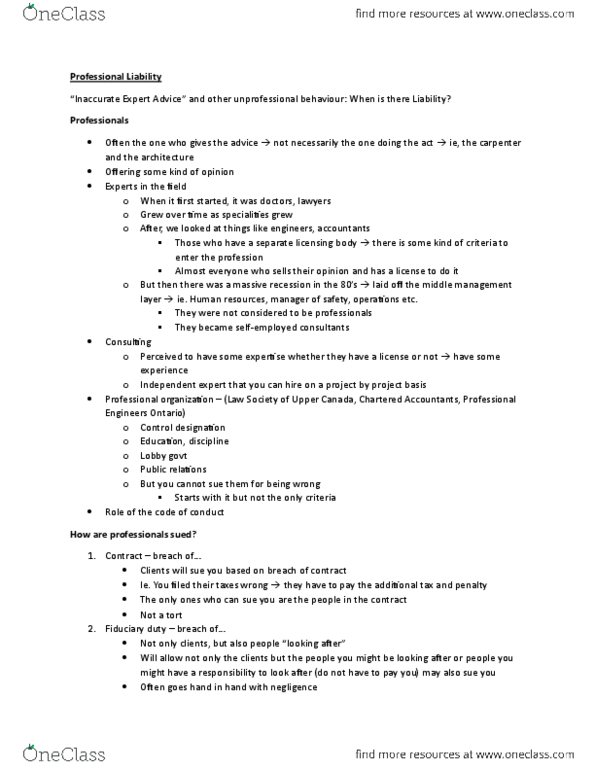 BU231 Lecture Notes - Professional Engineers Ontario, Fiduciary, Special Duty thumbnail