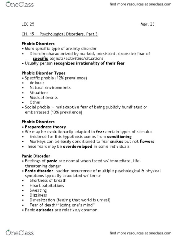 PSYA02H3 Lecture Notes - Lecture 25: Panic Disorder, Palpitations, Specific Phobia thumbnail