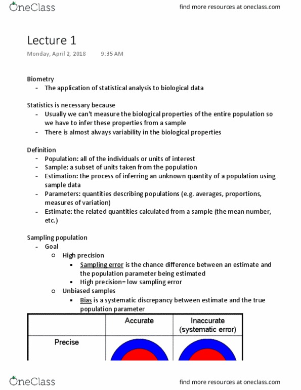 EEMB 146 Lecture Notes - Lecture 1: Biostatistics, Statistical Parameter, Sampling Error thumbnail