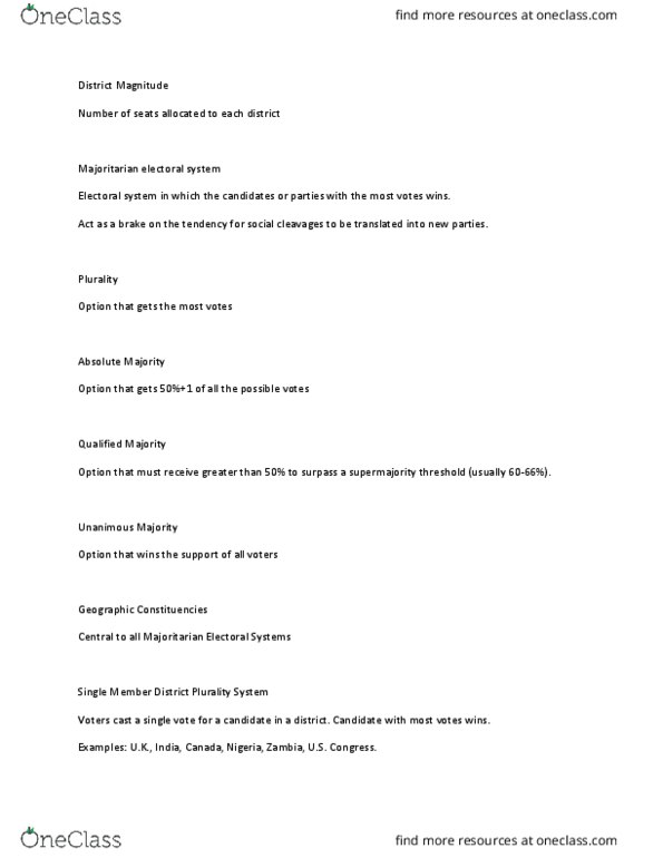 CPO 2002 Lecture Notes - Lecture 1: Supermajority, Tactical Voting, Electoral District thumbnail