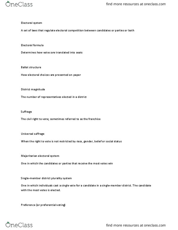 CPO 2002 Lecture Notes - Lecture 67: Universal Suffrage, Instant-Runoff Voting, Borda Count thumbnail