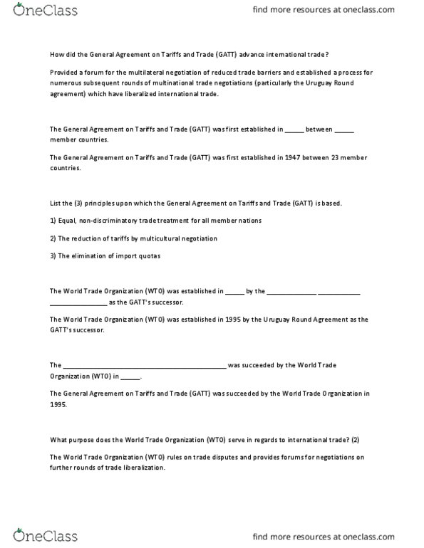 ECO 1000 Lecture Notes - Lecture 19: World Trade Organization, Uruguay Round, General Agreement On Tariffs And Trade thumbnail