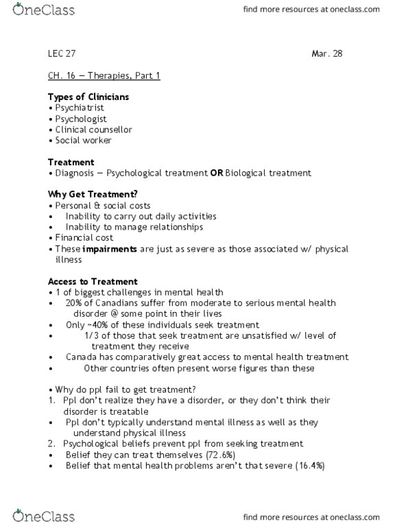 PSYA02H3 Lecture Notes - Lecture 27: Ontario Health Insurance Plan, Psychoanalysis thumbnail