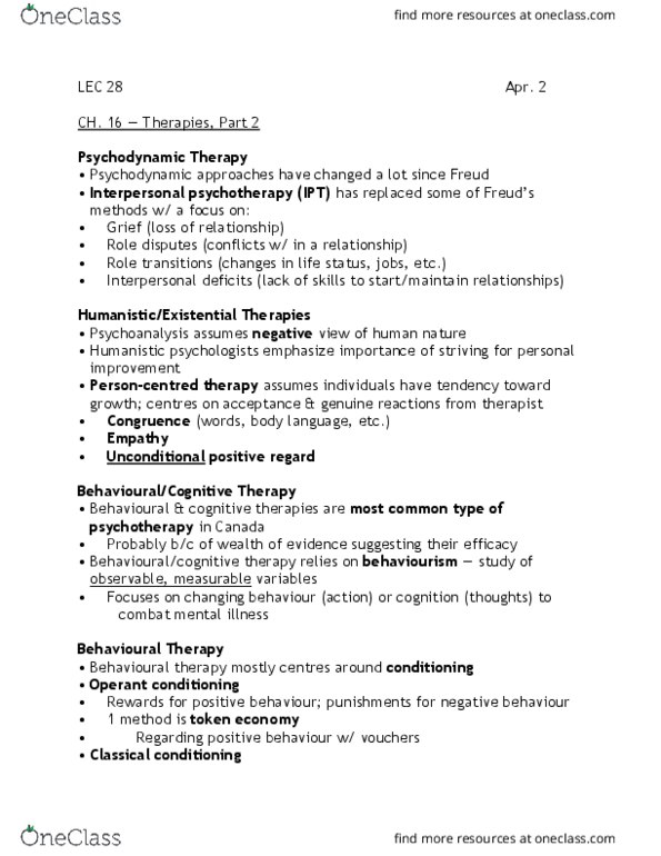 PSYA02H3 Lecture Notes - Lecture 28: Unconditional Positive Regard, Interpersonal Psychotherapy, Cognitive Therapy thumbnail