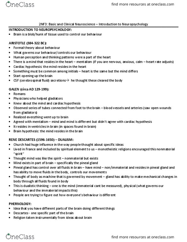 PSYCH 2NF3 Lecture Notes - Lecture 1: Pineal Gland, Positive Political Theory, Neuropsychology thumbnail