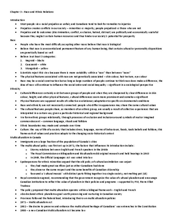 SOC102H1 Lecture : Chapter 3 - Race and Ethnic Relations A summary of Chapter 3 of the Social Problems book thumbnail