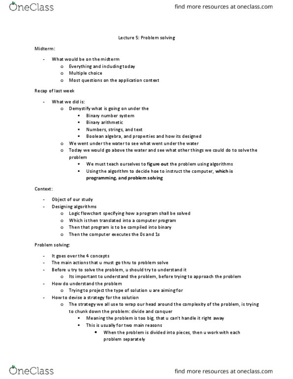 ITM 207 Lecture Notes - Lecture 5: Problem Solving, Binary Number, Flowchart thumbnail