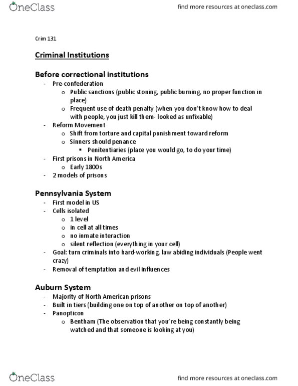 CRIM 131 Lecture Notes - Lecture 10: Auburn System, Extortion, Kingston Penitentiary thumbnail