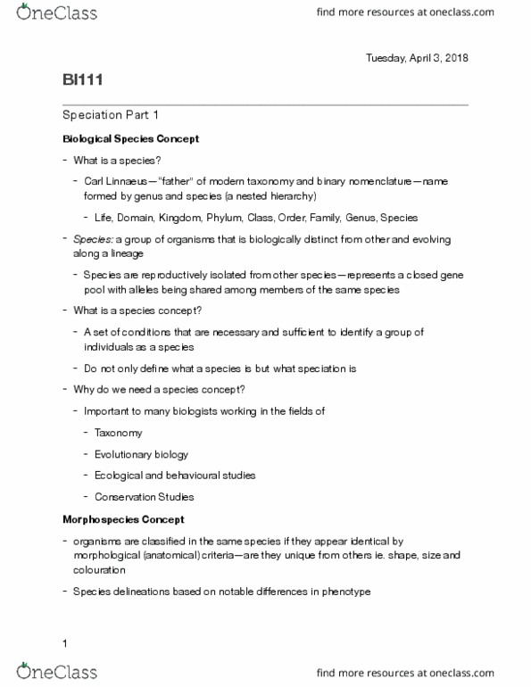 BI111 Lecture Notes - Lecture 4: Speciation, Reproductive Isolation, Ring Species thumbnail