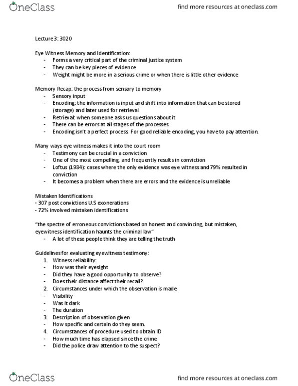 PSYC 3020 Lecture Notes - Lecture 3: Eyewitness Identification, Eyewitness Memory, Subtle Body thumbnail