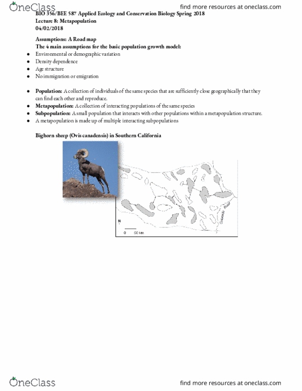 BIO 356 Lecture Notes - Lecture 9: Bighorn Sheep, Metapopulation, Density Dependence thumbnail