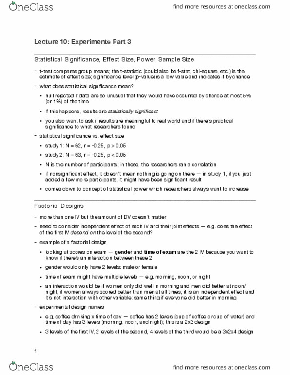 PSYB04H3 Lecture Notes - Lecture 10: Factorial Experiment, Statistical Power, E.G. Time thumbnail