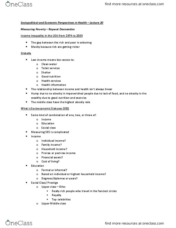 HSS 2321 Lecture Notes - Lecture 20: Upper Class, Social Class, Human Poverty Index thumbnail