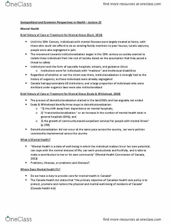 HSS 2321 Lecture Notes - Lecture 21: Canada Health Act, Deinstitutionalisation, Intellectual Disability thumbnail