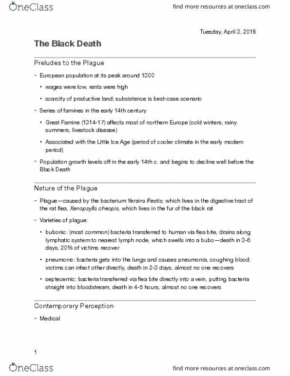 HIST 226 Lecture Notes - Lecture 19: Yersinia Pestis, Little Ice Age, Lymph Node thumbnail