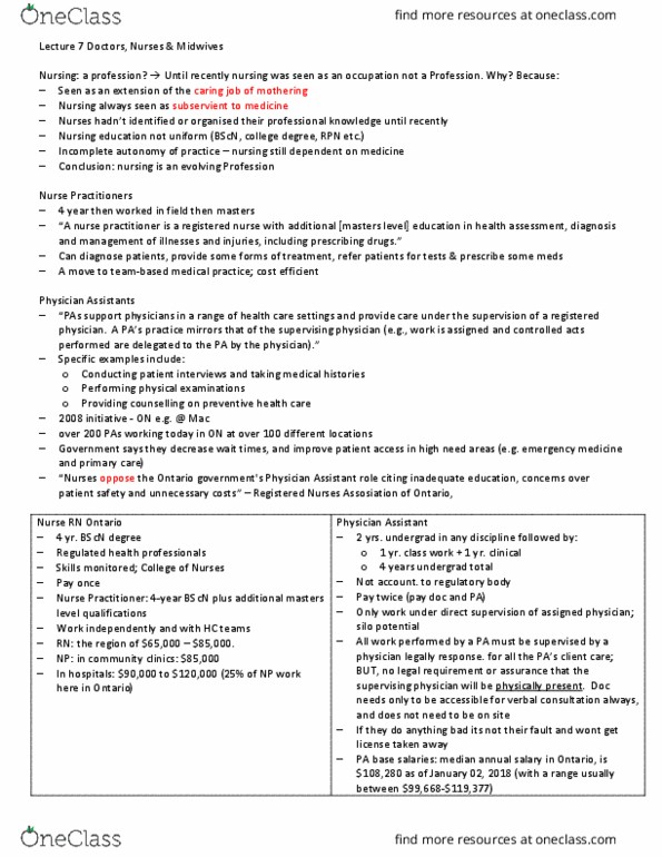 HSS 2121 Lecture Notes - Lecture 23: Nurse Practitioner, Registered Nurse, Physician Assistant thumbnail