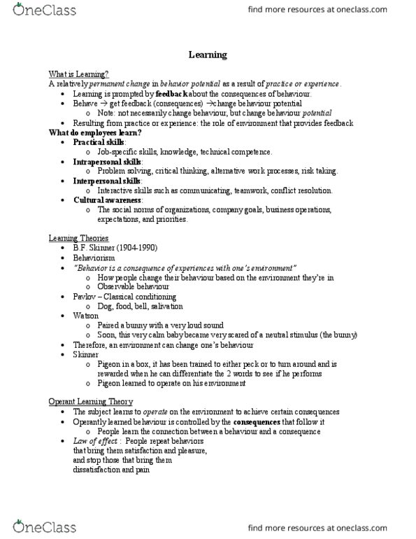 BU288 Lecture Notes - Lecture 3: Reinforcement, Job Satisfaction, Observational Learning thumbnail