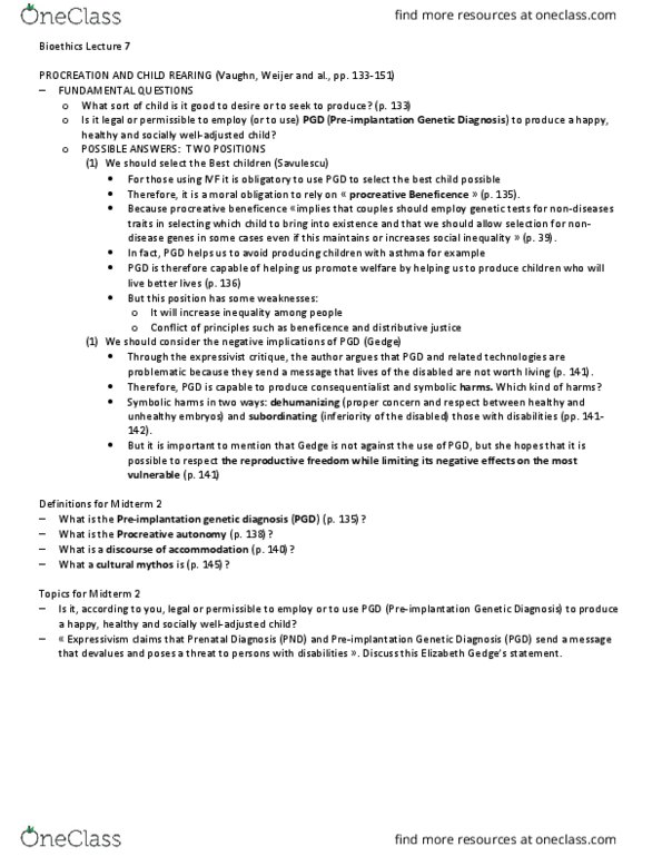 PHI 2396 Lecture Notes - Lecture 8: Preimplantation Genetic Diagnosis, Julian Savulescu, Expressivism thumbnail