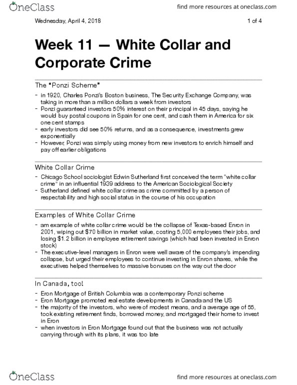 Sociology 2266A/B Lecture Notes - Lecture 11: American Sociological Association, White-Collar Crime, Edwin Sutherland thumbnail
