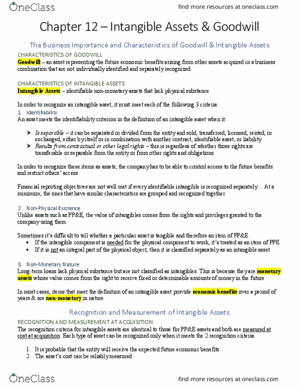 COMM-3016EL Chapter Notes - Chapter 12: Intangible Asset, Deferral, The Assets thumbnail