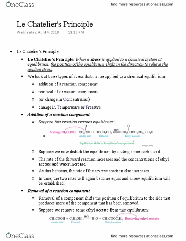 CHEM 1210 Lecture Notes - Lecture 7: Ethyl Acetate, Chemical Equilibrium, Endothermic Process thumbnail