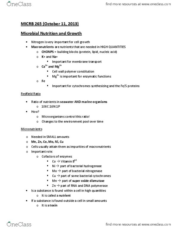 MICRB265 Lecture Notes - Redfield Ratio, Chon, Hydrogenase thumbnail