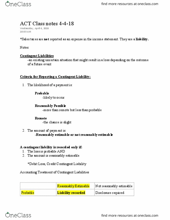 ACT 205 Lecture Notes - Lecture 19: Contingent Liability, Income Statement, Matching Principle thumbnail