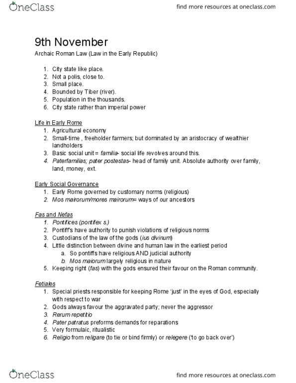 CLASSICS 2LW3 Lecture Notes - Lecture 16: Mos Maiorum, Fetial, Tiber thumbnail